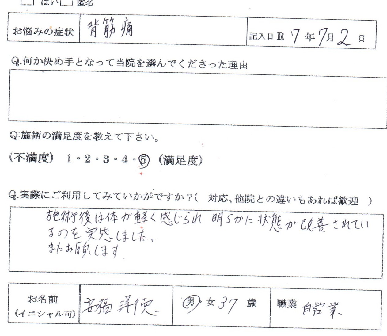 背中のハリ・ピリピリ感/37歳 男性・自営業