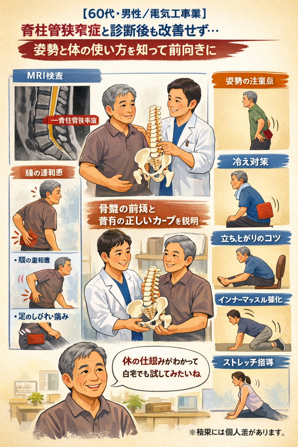 【60代・男性／電気工事業】 脊柱管狭窄症と診断後も改善せず…姿勢と体の使い方を知って前向きに